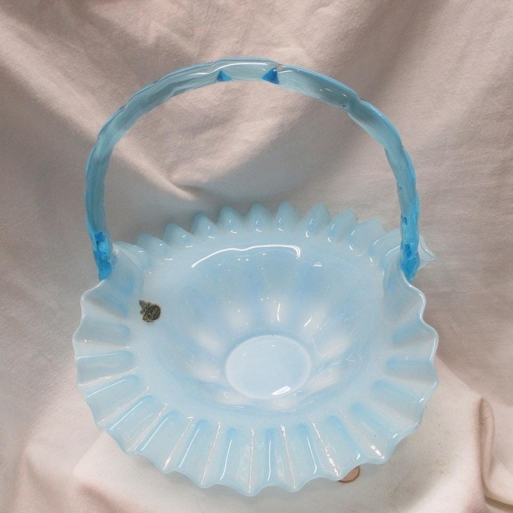 Blue Glass Basket Vntg Fenton Easter Candy Holiday ruffled midcentury modern